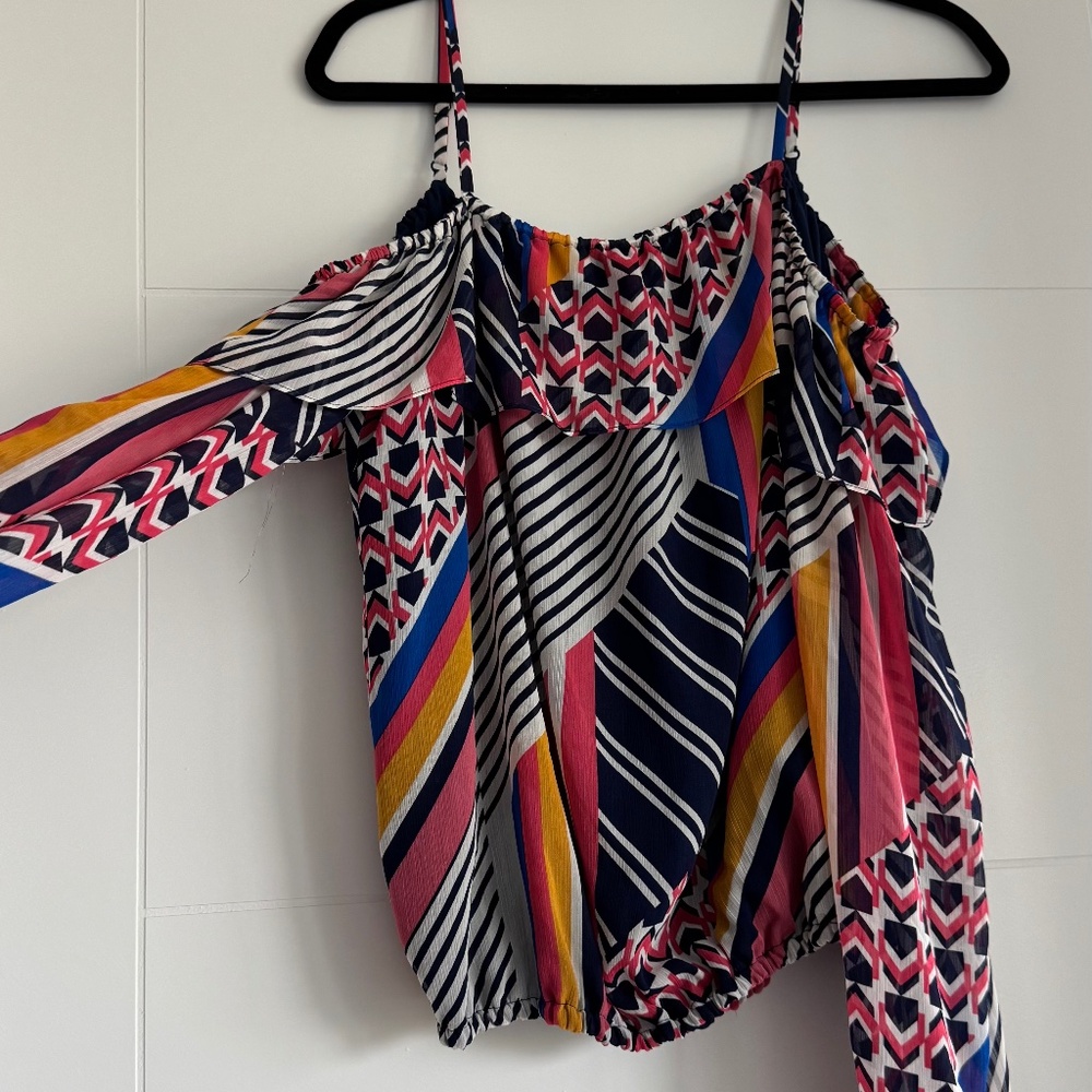 Ramy Brook Long Sleeve Off The Shoulder Blouse , Size M, Multi Print